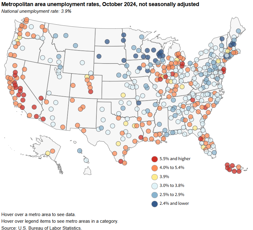 BLS_gov's tweet photo. Unemployment rates lowest in Sioux Falls, Rapid City, and Burlington-South Burlington, October 2024 https://t.co/ynd73DPBh2 #BLSdata https://t.co/65JC2WQmZZ