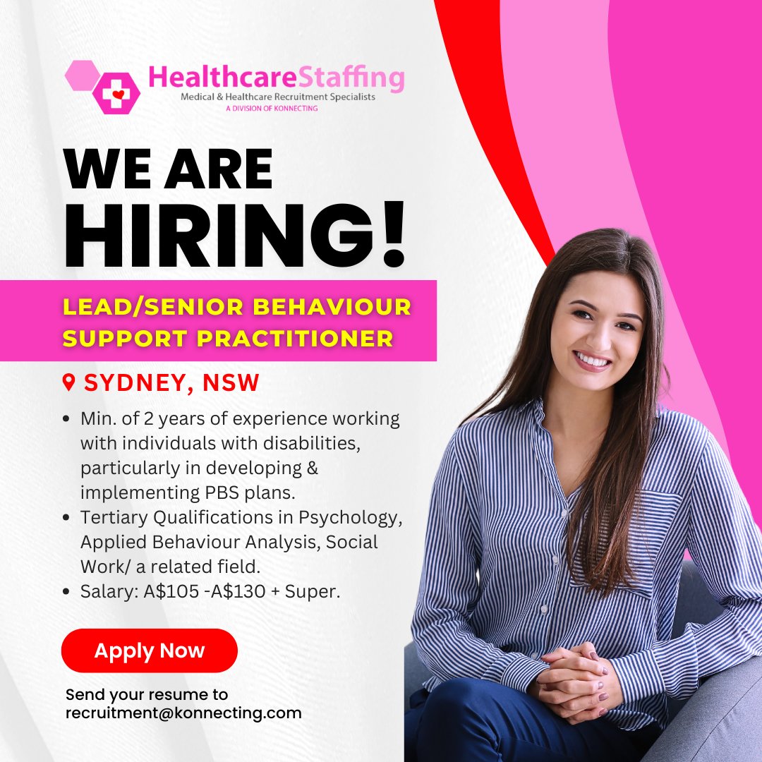 HealthcareStaf3's tweet image. 🚨 We’re Hiring! 🚨
📢 Lead/Senior Behaviour Support Practitioner

📩 Apply now! Send your resume to: recruitment@konnecting.com

Your next career step starts here! 🚀

#WeAreHiring #BehaviourSupportPractitioner #SydneyJobs #CareersInPsychology #KonnectingRecruitment