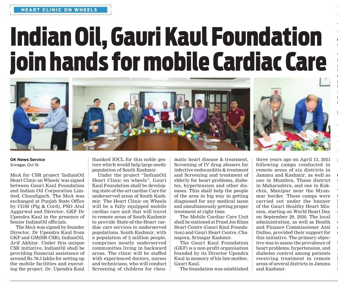 A significant milestone for the Gauri Kaul Foundation (GKF) was marked when Prof. U. Kaul signed a Memorandum of Understanding (MOU) with Indian Oil Corporation Ltd (#IOCL) for a highly ambitious CSR project “

#drupendrakaul #cardiology #cardiologist