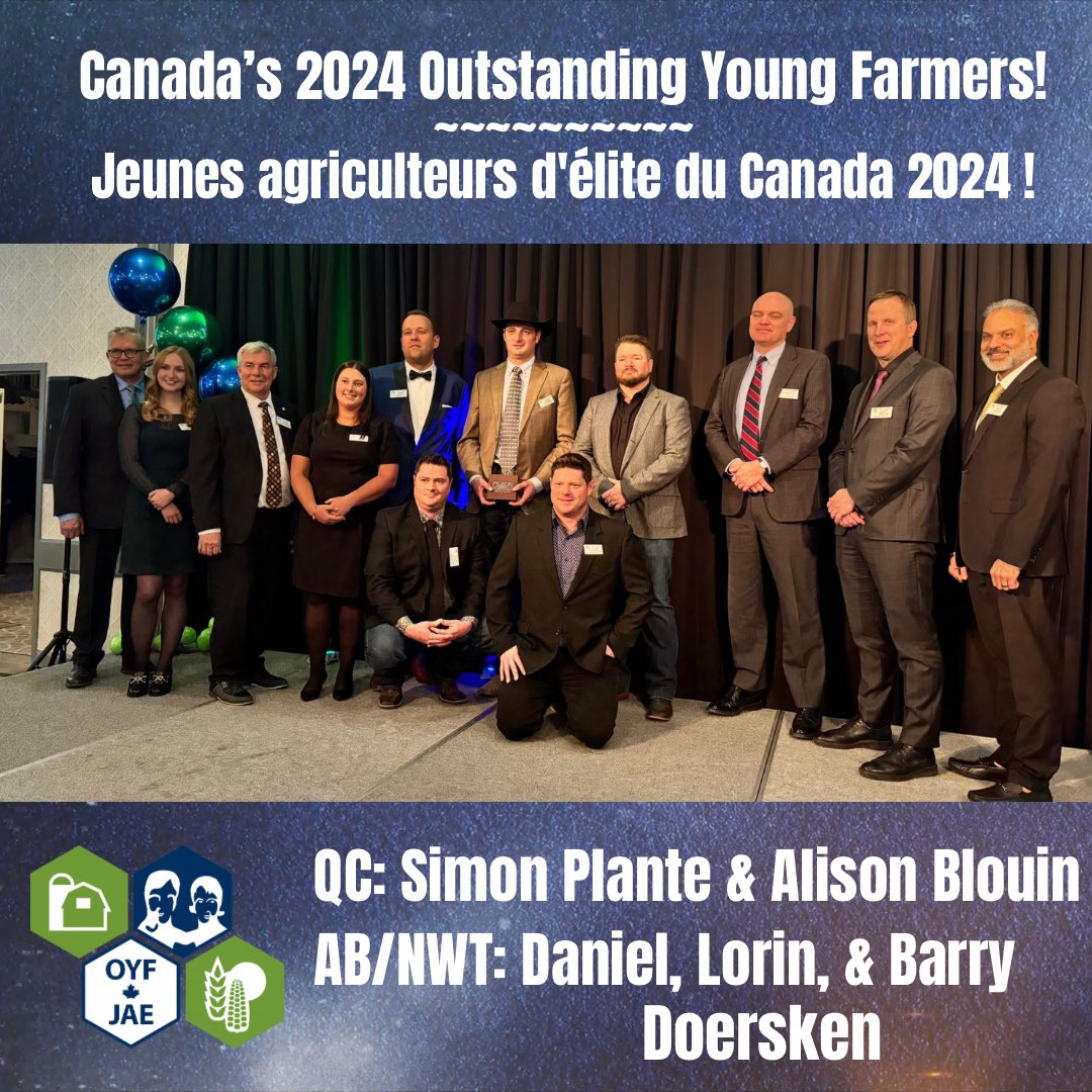 Introducing the #COYFJAE2024 Outstanding Young Farmers!🏆

It was an incredibly difficult decision for our judges. Congratulations to our winners and we welcome all of the honourees to the COYFJAE alumni family. 💚💙