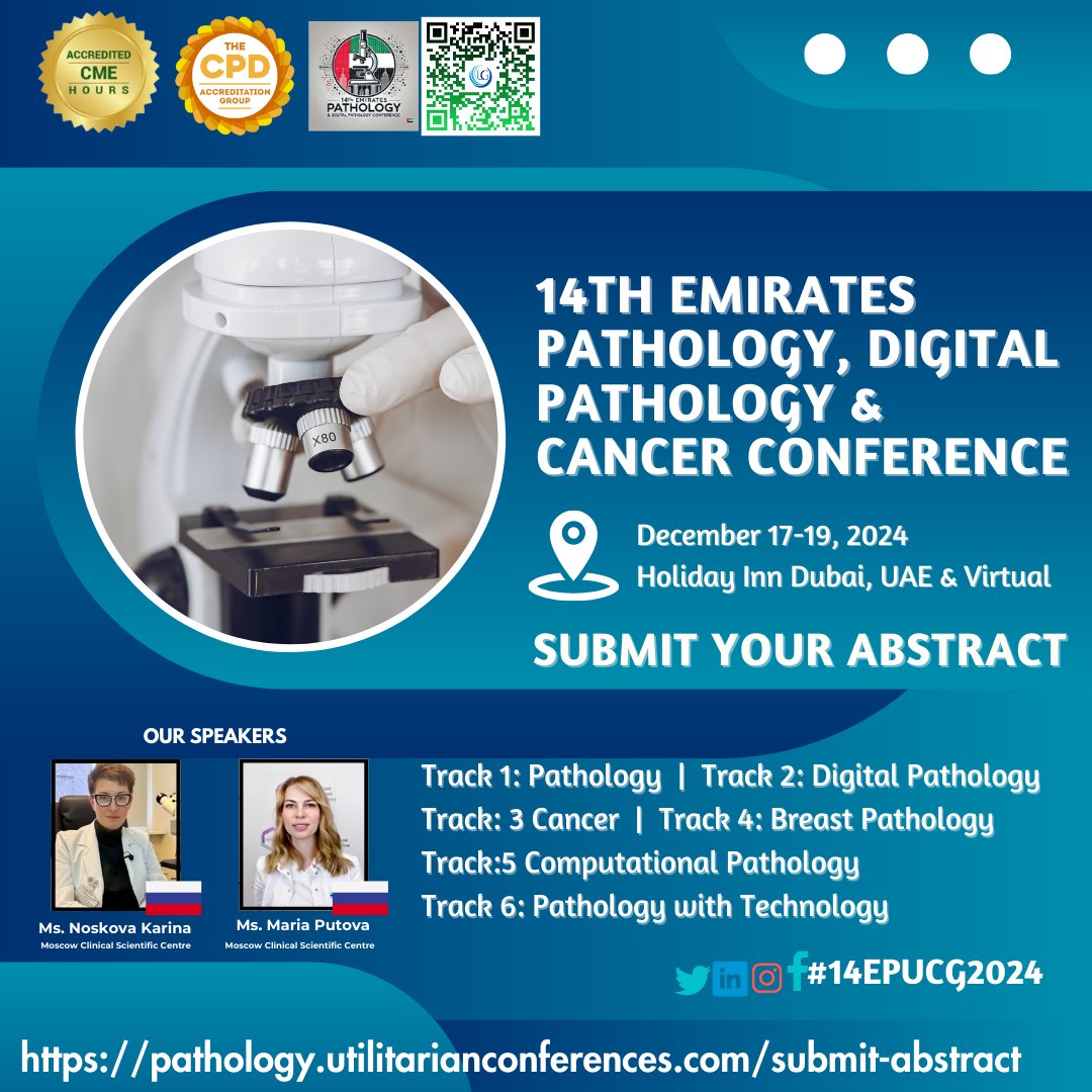 Pathology Experts (@pathologyexper1) on Twitter photo Gain valuable feedback from peers and experts that can help improve your research, submit your abstract/paper today at the 14th Emirates Pathology, Cancer & Digital Pathology Conference, from December 17-19, 2024, in Dubai, UAE & Virtual.
Submit here: pathology.utilitarianconferences.com/submit-abstract Gain valuable feedback from peers and experts that can help improve your research, submit your abstract/paper today at the 14th Emirates Pathology, Cancer & Digital Pathology Conference, from December 17-19, 2024, in Dubai, UAE & Virtual.
Submit here: pathology.utilitarianconferences.com/submit-abstract