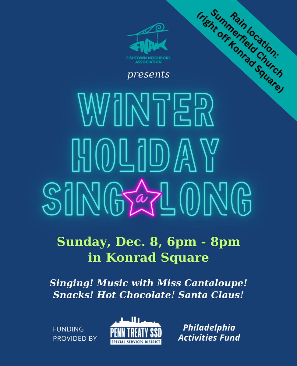 Our Winter Holiday Singalong is happening Sunday, Dec 8 at 6:00pm, neighbors! Meet us in Konrad Square (or Summerfield Church nearby, if it rains). We'll have singing, hot cocoa &amp; a visit from Santa and Mrs. Claus.

Sponsored by Penn Treaty SSD &amp; the Philadelphia Activities Fund.