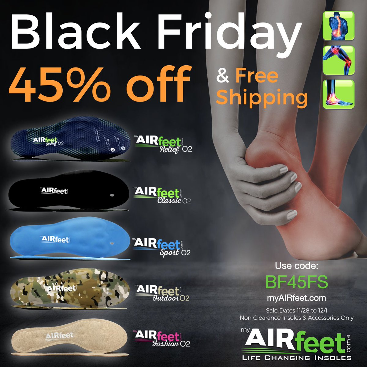 Black Friday 45% off &amp; FREE shipping. 
11/28 to 12/1

Use code BF45FS at myairfeet.com

#PlantarFasciitis #airfeet #Insoles #Christmas