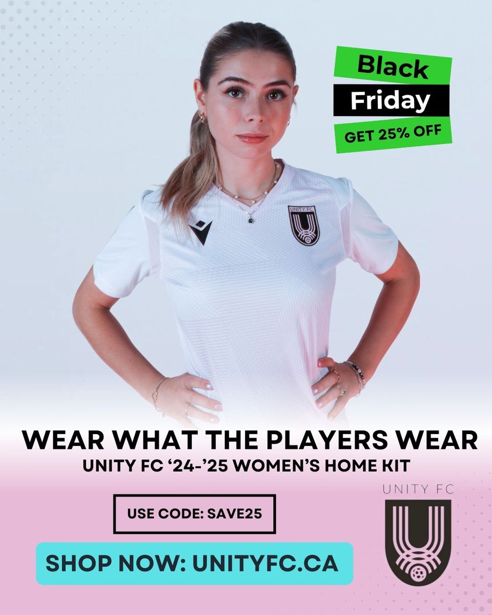 unityfcbc's tweet image. ⚡️ Black Friday Week Special ⚡️

Save 25% off Unity FC Kits – men’s and women’s styles avail! 🩷🤍⚽️

Wear What the Players Wear and rep the team with pride! Plus, enjoy FREE shipping on all Canadian orders! 🚚🇨🇦

Don’t miss out – Shop now 🛒 
unityfc.ca/shop