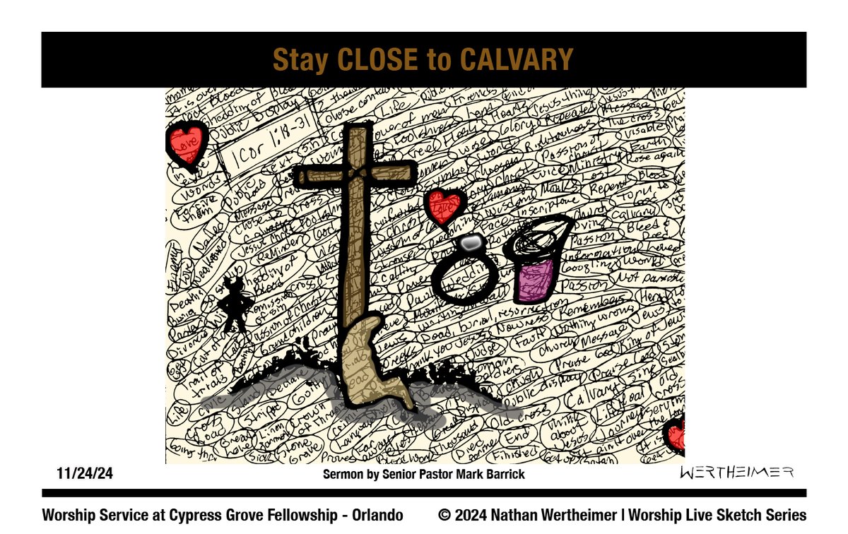 DrawingFromGod's tweet photo. Here's a past weekend's Worship Live Sketch Series entitled "Stay CLOSE to CALVARY" with sermon by Senior Pastor Mark Barrick from Cypress Grove Fellowship Church in South Orlando. Artwork by Nathan Wertheimer. #nathanwertheimer #mycgf #cypressgroveorlando #upci #flupci https://t.co/8tWzx5unIl