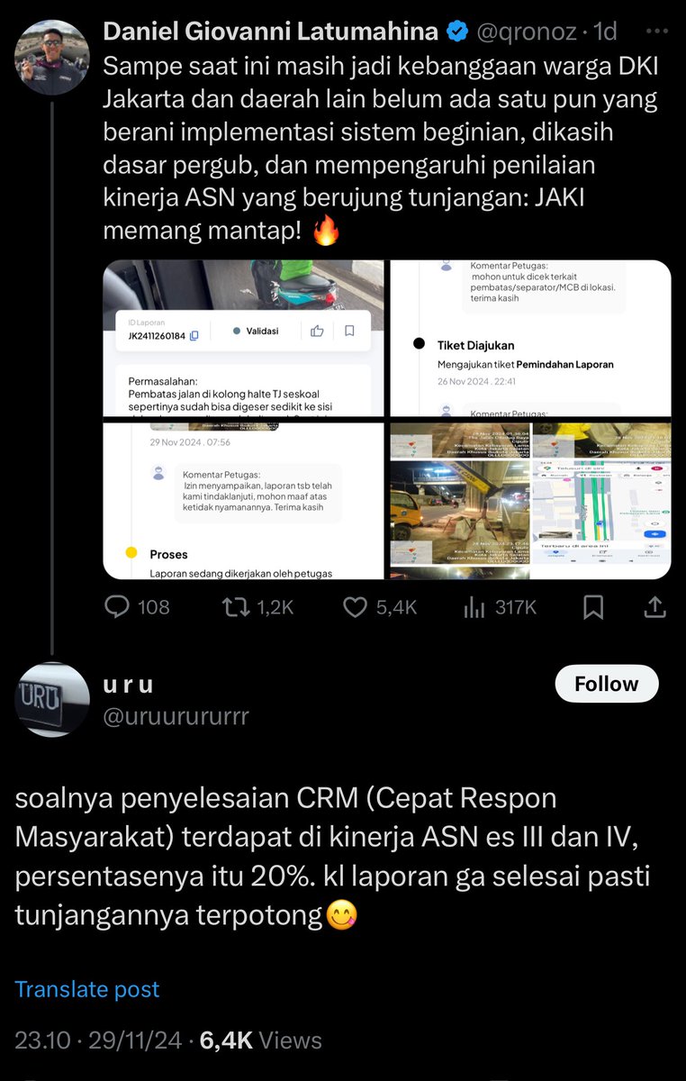 aniesbaswedan's tweet photo. Betul, mengintegrasikan sistem tunjangan ke dalam mekanisme laporan JAKI ini kalau di restoran waralaba adalah “bumbu rahasia”-nya. Sebisanya solusi dijadikan sistem yg lebih otomatis, agar berkelanjutan dan tidak bergantung pada satu individu pemimpin yg bisa berganti (atau absen).

“Bumbu rahasia” lainnya: kerelaan dinas2 (OPD) untuk mengintegrasikan aplikasi2 mandiri milik mereka ke dalam JAKI hingga menjadi super app. Laporan pengaduan masyarakat itu hanya satu dari begitu banyak fitur JAKI yg semuanya bermanfaat. Coba teman2 bagikan kesaksian, pernah pakai JAKI untuk apa lagi selain pengaduan?

Terima kasih @qronoz dan @uruurururrr sudah berbagi soal JAKI.
