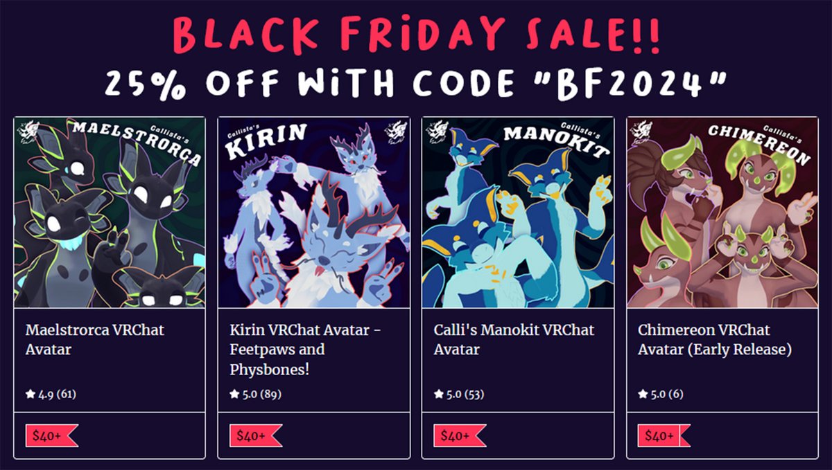 💜❤️Black Friday Sale is live from now until 11:59pm EST on Mon, Dec. 2nd!! 
Use code BF2024 on any of my avatars for 25% off ($10 off any base or $6.25 off my fandom models!)!!! ❤️💜
🔽🔽🔽
🔗 in bio!!