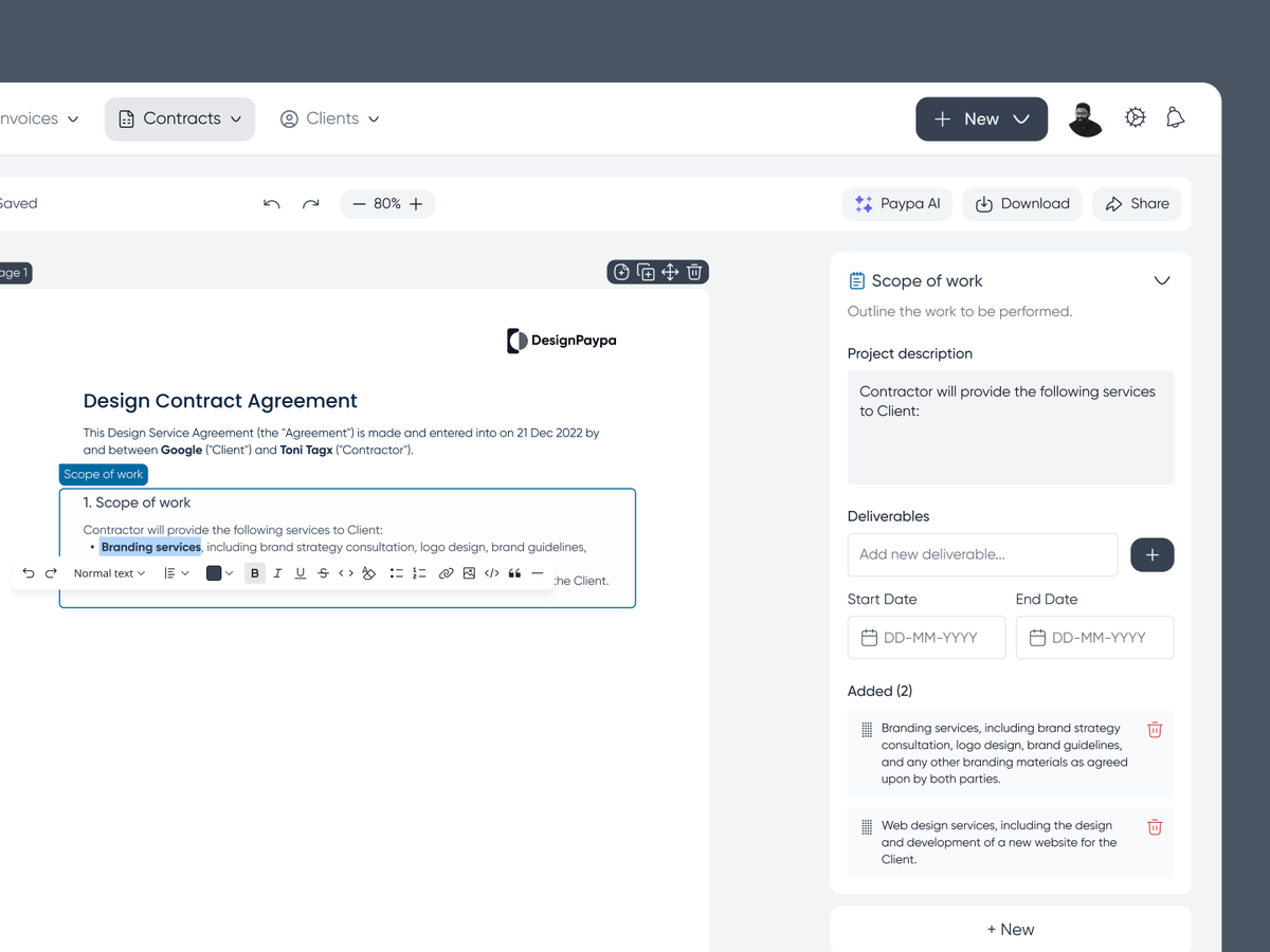 toni_tagx's tweet photo. Day 21/30 of the #UIDesignChallenge! Designed a simple, clean interface for a contract builder. Limited the scope to design contracts. The goal was to keep things straightforward with easy navigation, styling options, and an intuitive layout. #UXDesign #ContractBuilder #UIChallenge