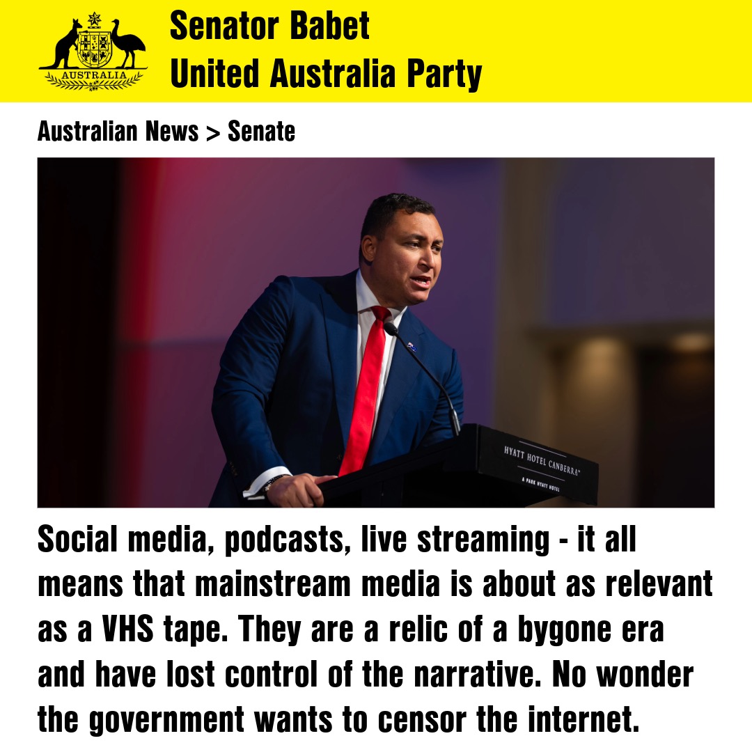 Senator Babet (@senatorbabet) on Twitter photo Banning social media isn't about keeping children safe it's about control. At the next sitting of the Senate I will introduce a bill to repeal the Online Safety Amendment (Social Media Minimum Age) Bill 2024. <a href="/UnitedAusParty/">United Australia</a>
Sick of government overreach? senatorbabet.com.au/join-the-movem… Banning social media isn't about keeping children safe it's about control. At the next sitting of the Senate I will introduce a bill to repeal the Online Safety Amendment (Social Media Minimum Age) Bill 2024. <a href="/UnitedAusParty/">United Australia</a>
Sick of government overreach? senatorbabet.com.au/join-the-movem…
