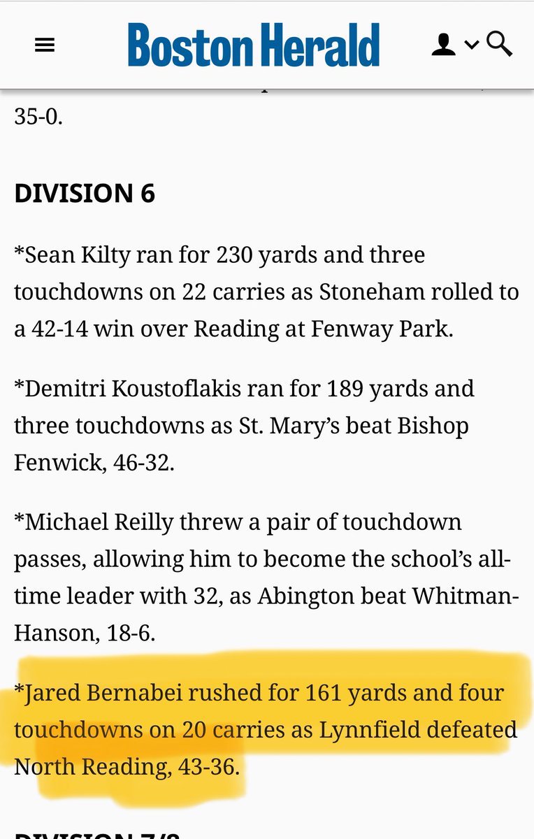 Nice TDay totals and Star Of The Game for <a href="/LHSPioFootball/">Lynnfield High Pioneer Football</a> <a href="/BernabeiJared/">Jared Bernabei</a>! <a href="/BostonHeraldHS/">Danny Ventura</a>