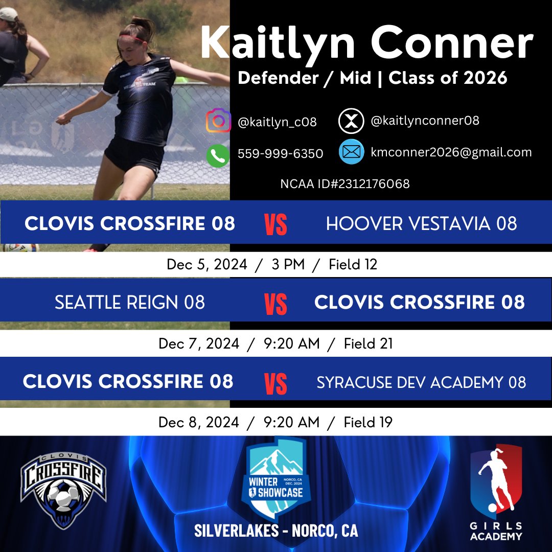 kaitlynconner08's tweet photo. Just a few more days!  It'll be sunny, in the high 70's, and a high likelihood of being discovered!  Can't wait to compete!  #GAWinterShowcase .@GAcademyLeague .@TheSoccerWire .@Cloviscrossfire https://t.co/Y7jHsKm1kV