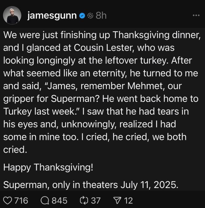 JILexander's tweet image. What a touching #ThanksgivingDay message from our DC Studios CEO🥹🫶