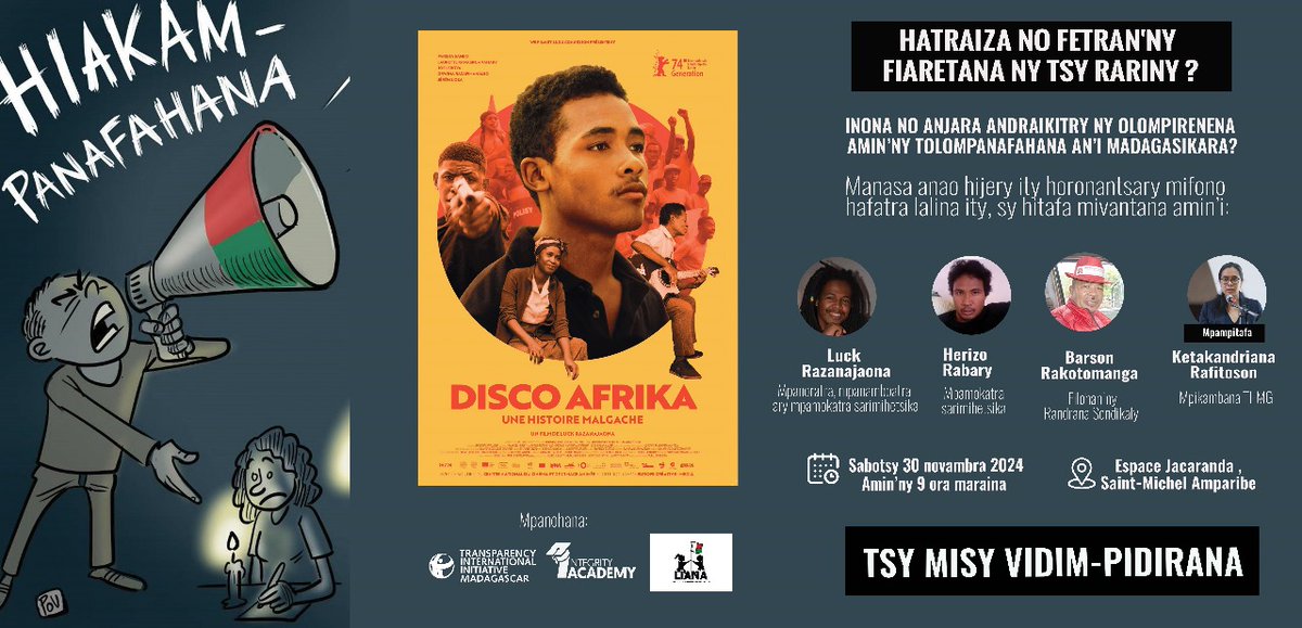 Rdv à 9h au collège Saint Michel Amparibe pour une projection gratuite du film multi-primé #DiscoAfrika de <a href="/LuckRazanajaona/">Razanajaona Luck</a>, suivie d'échanges sur l'engagement citoyen, l'intégrité et la lutte pour nos droits à #Madagascar. Tongàva maro! #Hiakampanafahana #OurRights🔥