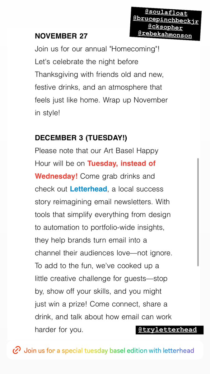Chris Adamo (Miami 🦩 🦩 ) (@chrisadamo_) on Twitter photo As you plan your Miami Art Week agendas, take a little #miamitech reunion moment as we hang with the <a href="/tryletterhead/">Letterhead</a> squad for drinks at 6p at <a href="/ArloHotels/">Arlo Hotels</a> Wynwood!
RSVP ⬇️
eventbrite.com/e/the-miamitec…
<a href="/soulafloat/">Natalia MK</a> <a href="/rsm/">Rebekah 💥 Monson</a> @VentureMiami <a href="/MiamiDadeCounty/">Miami-Dade County</a> #miamitechhappyhour <a href="/WynwoodMiami/">Wynwood Miami</a> As you plan your Miami Art Week agendas, take a little #miamitech reunion moment as we hang with the <a href="/tryletterhead/">Letterhead</a> squad for drinks at 6p at <a href="/ArloHotels/">Arlo Hotels</a> Wynwood!
RSVP ⬇️
eventbrite.com/e/the-miamitec…
<a href="/soulafloat/">Natalia MK</a> <a href="/rsm/">Rebekah 💥 Monson</a> @VentureMiami <a href="/MiamiDadeCounty/">Miami-Dade County</a> #miamitechhappyhour <a href="/WynwoodMiami/">Wynwood Miami</a>