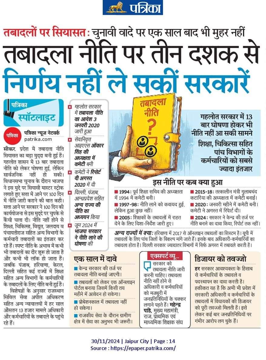 सरकारें बदली लेकिन तबादला नीति बनने का आज भी इंतजार..

तबादला नीति पर तीन दशक से निर्णय नहीं,चुनावी वादा कर कर्मचारियों की मांगों को भूल जाती है सरकार
<a href="/BhajanlalBjp/">Bhajanlal Sharma</a>
<a href="/DrKirodilalBJP/">Dr. Kirodi Lal Meena</a>
<a href="/KumariDiya/">Diya Kumari</a>
<a href="/BJP4Rajasthan/">BJP Rajasthan</a>
<a href="/ashokgehlot51/">Ashok Gehlot</a>
<a href="/SachinPilot/">Sachin Pilot</a>
<a href="/GovindDotasra/">Govind Singh Dotasra</a>
<a href="/DrPremBairwa/">Dr Prem Chand Bairwa</a>