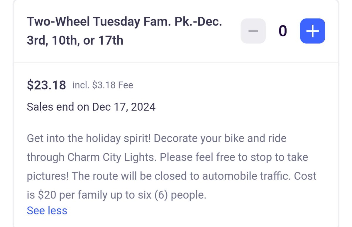Charm City Lights is back! 

Take a drive with the whole family for $12.51. Wanna walk or bike with that same family? That'll be $23.18.

<a href="/RecNParks/">Baltimore Rec & Parks</a> continuing to fail Baltimore families with car-oriented programming.