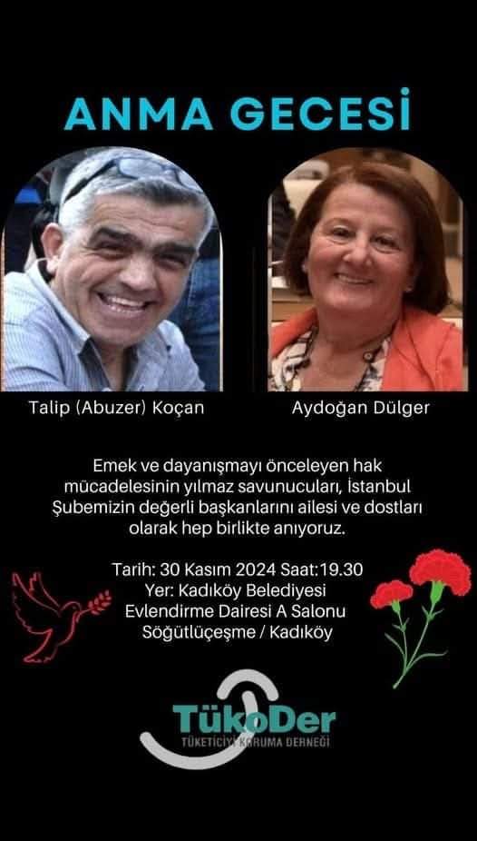 ZerparolaHaber_'s tweet image. ANMA PROGRAMI 
Talip (Abuzer) Koçan (TÜKODER eski dönem genel başkan yardımcısı)
Aydoğan Dülger (TÜKODER İstanbul eski il başkanı, CHP Kadıköy eski dönem belediye meclis üyesi)

Anma Gecesi
30 Kasım Cumartesi 
Saat: 19.30
Kadıköy Belediyesi 
Evlendirme Dairesi A Salonu

#Tükoder