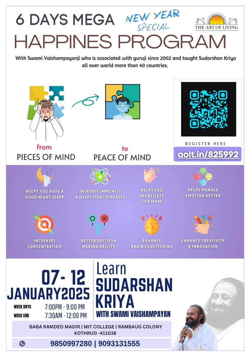 aolpune's tweet photo. Learn the world famous Sudarshan Kriya #SKY
Why you should you learn #Sudarshankriya?

https://t.co/ZUJmhEZSb8

   🍁 Evening🍁
🗓️Date: 7th JAN  to  12 JAN 2025
⏰Time: Evening .. 7.00PM - 9:00 PM

Registration link
https://t.co/2yFuMPTHyj https://t.co/qDHlpVbcHR