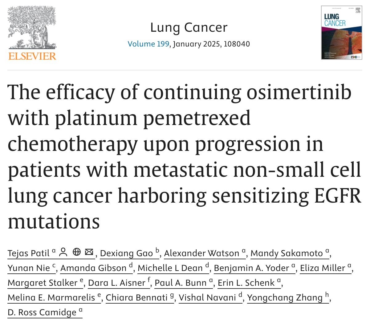 TejasPatilMD's tweet image. In pts with #EGFR #NSCLC, what is the value of continuing osimertinib with platinum-pemetrexed after progression vs stopping osimertinib & switching to platinum pemetrexed? I’m proud to present our multi-center, retrospective, international series published in @LungCancer 🧵