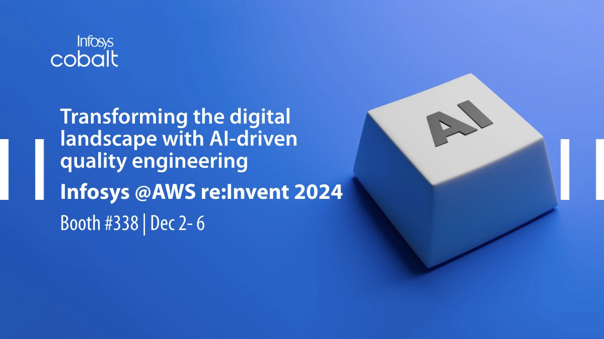 InfosysEvents's tweet photo. Join #InfyAtReInvent24 at Booth #338 to explore how the Infosys Quality Engineering AI Platform accelerates delivery, streamlines testing, and reduces costs. Learn more. https://t.co/Ywh7ueWey6

#InfyTesting #AWSPartner #AWSReInvent @VensIyengar https://t.co/pCZQfNSeiQ