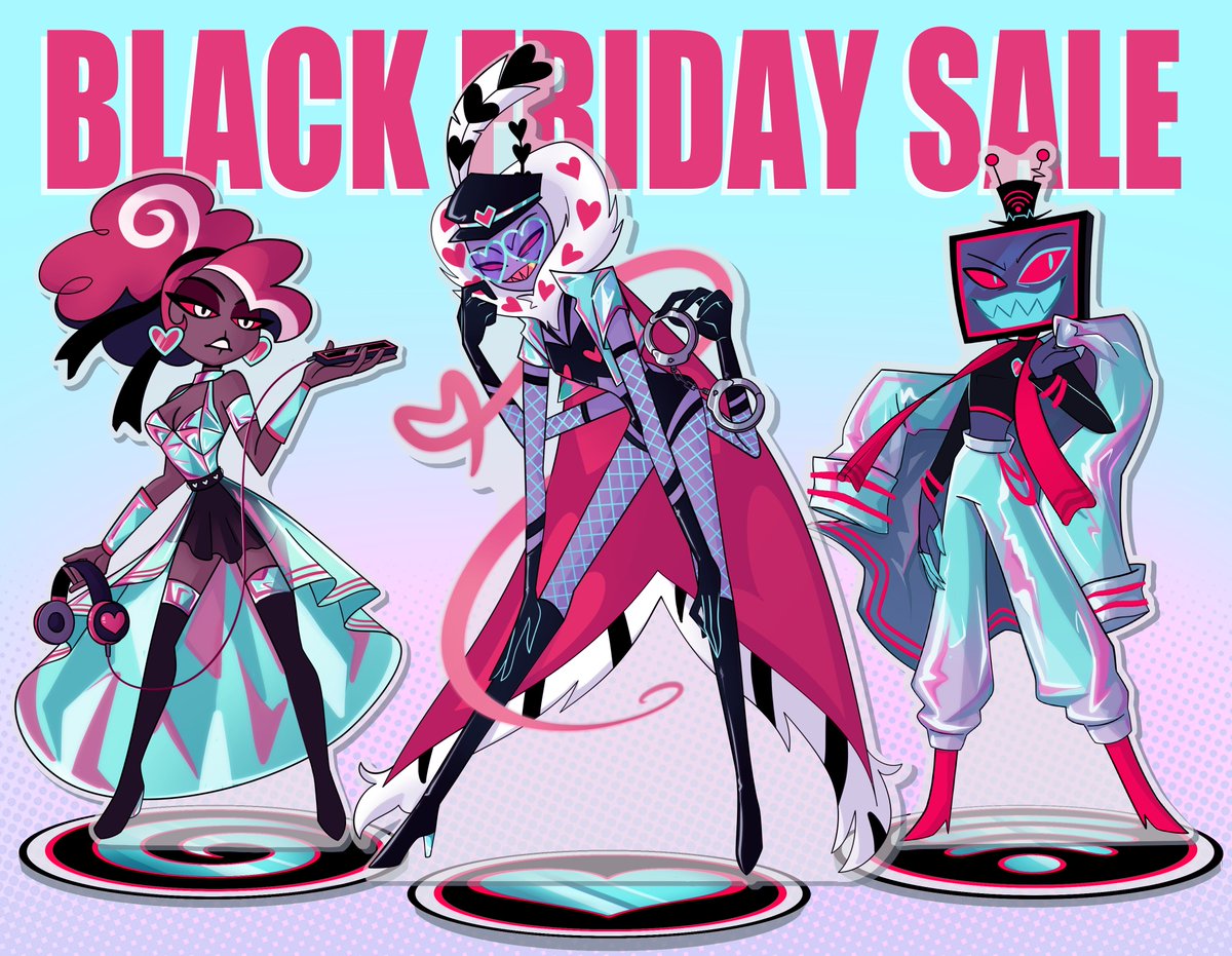 FrenchieFie's tweet photo. My Black Friday (to Cyber Monday) sale is live, including my newest items, Vees Fashion Standees! These, along with the rest of my shop, are 15% off till Monday. Link below! 💙❤️🖤 #HazbinHotel https://t.co/hOnC6aBrdL