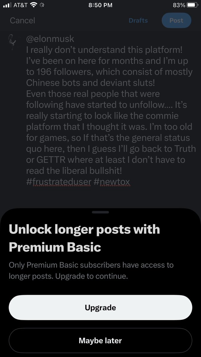 TimGovero's tweet image. @elonmusk  
I really don’t understand this platform!
I’ve been on here for months and I’m up to 196 followers, which consist of mostly Chinese bots and deviant sluts! 

#frustrateduser #newtox