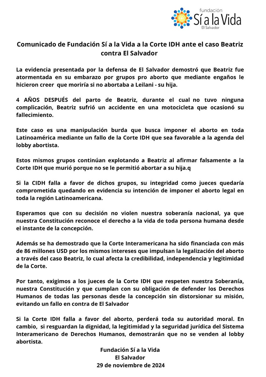 Comunicado a la <a href="/CorteIDH/">Corte Interamericana de Derechos Humanos</a> 
Por el fallecimiento de Beatriz en un accidente de motocicleta quieren legalizar el aborto en Latinoamérica
#CasoBeatrizFraude 
<a href="/IACourtHR/">Inter-American Court of Human Rights</a>
<a href="/CorteDirHumanos/">Corte Interamericana de Direitos Humanos</a>
<a href="/CourIdh/">CourIDH</a>
<a href="/rcperezmanrique/">RicardoPérezManrique</a>
<a href="/realDonaldTrump/">Donald J. Trump</a>
<a href="/nayibbukele/">Nayib Bukele</a>
<a href="/JMilei/">Javier Milei</a>