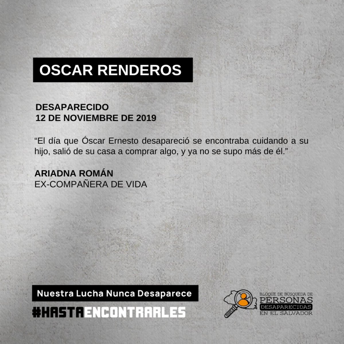 bdebusquedasv's tweet photo. 🚨 🕘 Son las 9 pm del 29 de noviembre de 2024, hora de recordar que nos faltan muchos seres queridos. Nos falta Oscar Renderos, desaparecido hace 60 meses. Nuestra lucha no desaparece #HastaEncontrarles
#HistoriasDeVida #BBPD #PorLosQueNosFaltan https://t.co/yvnGSKPwvd