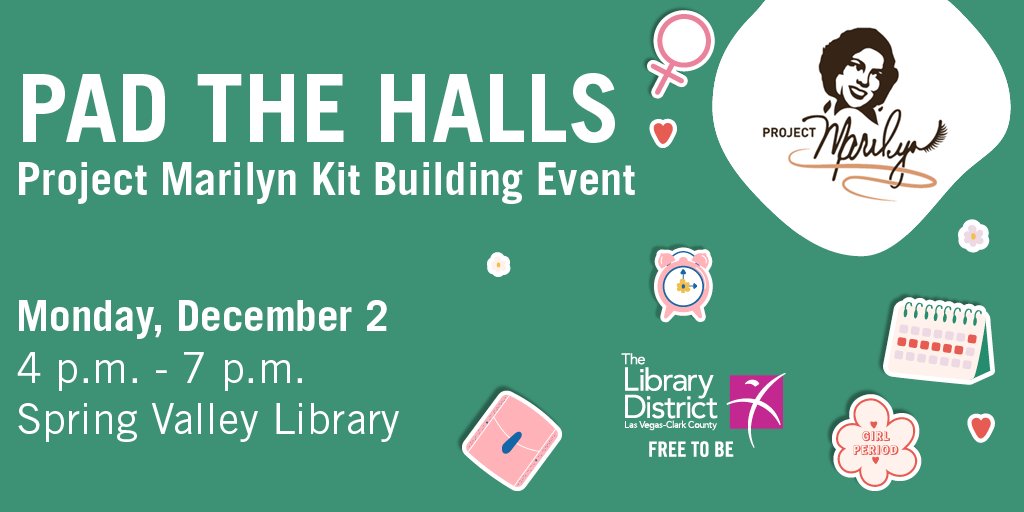 LVCCLD's tweet photo. 'Tis the season for giving back & we need your help to assemble free period kits with @ProjectMarilyn1 at #SpringValleyLibrary on Monday, December 2. ๐
This is a great way to help aid our @ClarkCountyNV communities in need. Learn more: https://t.co/MFFNW32ohJ #FreeToBeConnected https://t.co/K7orQdr22X