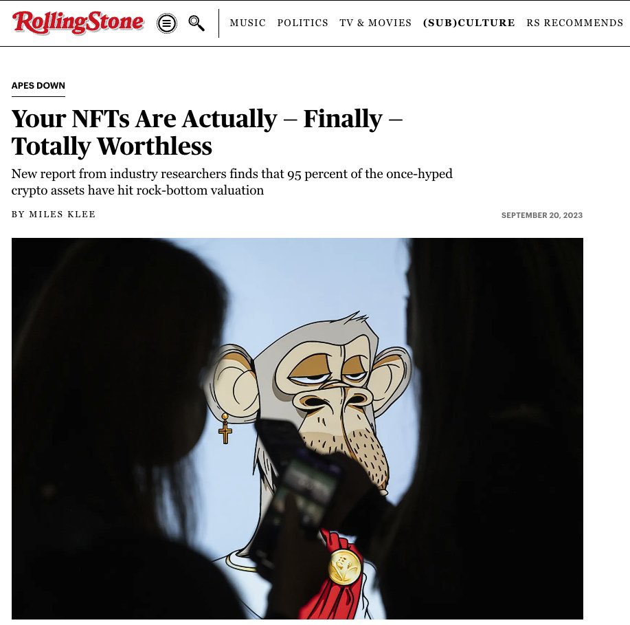 Xeer (@xeer) on Twitter photo Your NFTs Are Actually — Finally — Totally Worthless
Wonder when <a href="/BoredApeYC/">Bored Ape Yacht Club 🍌</a> will be back on the <a href="/RollingStone/">Rolling Stone</a> cover after calling NFTs totally worthless in 2023 🤔. Your NFTs Are Actually — Finally — Totally Worthless
Wonder when <a href="/BoredApeYC/">Bored Ape Yacht Club 🍌</a> will be back on the <a href="/RollingStone/">Rolling Stone</a> cover after calling NFTs totally worthless in 2023 🤔.
