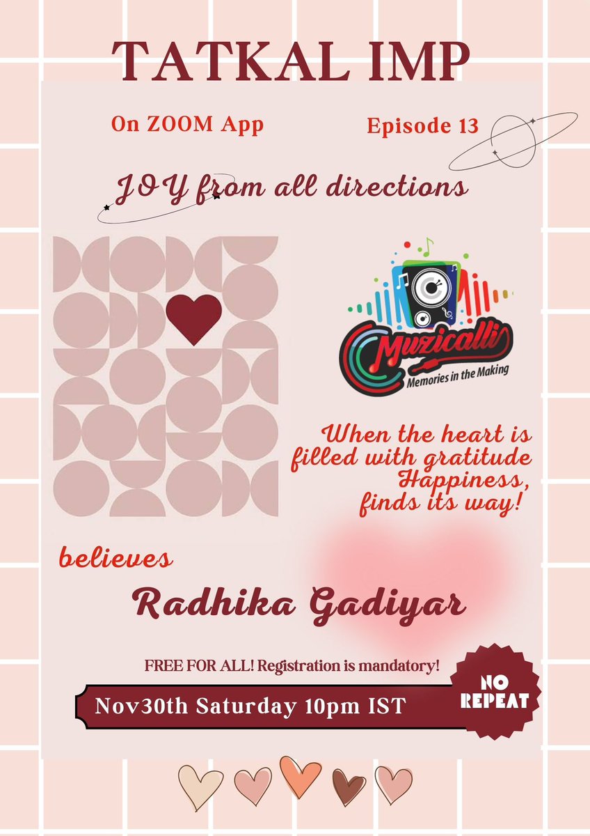 *HAVE YOU REGISTERED YET? | ITS TONIGHT*

*MUZICALLI IMP13: Radhika Gadiyar*

You are invited to a Zoom meeting.
When: *Nov 30, 2024 10:00 PM India*

FREE FOR ALL; But Registration is Mandatory

*Register in advance for this meeting*
us06web.zoom.us/meeting/regist…