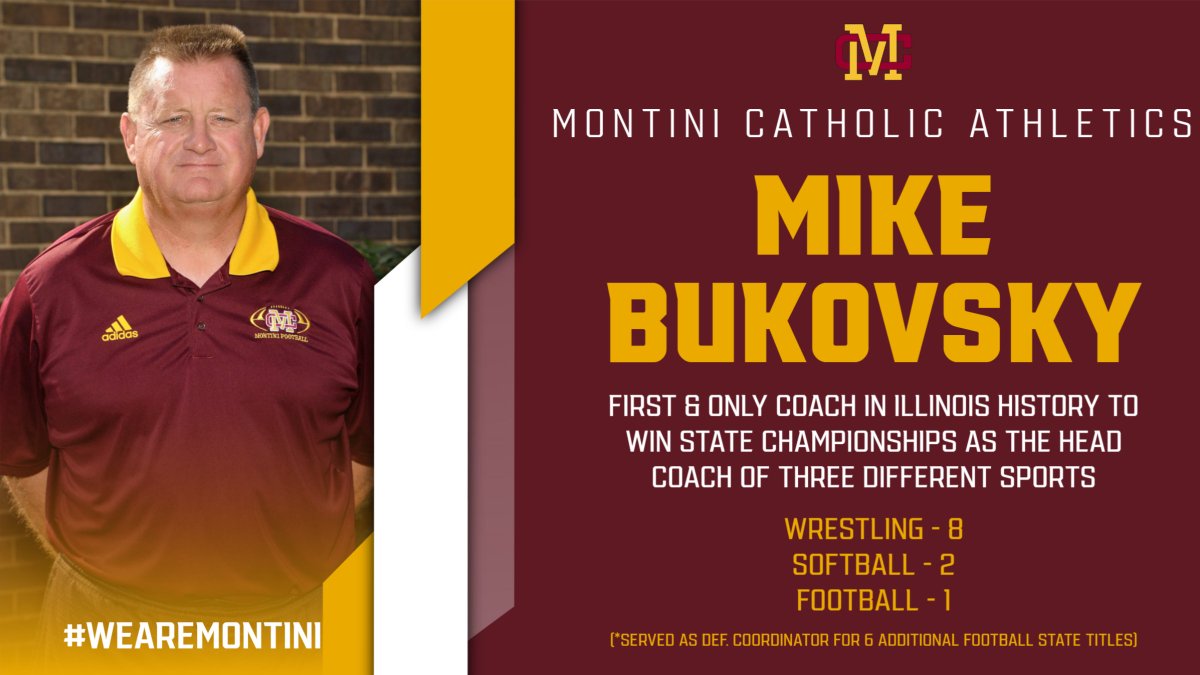 Congrats to Head Football Coach Mike Bukovsky! With tonight's State Championship win, he becomes the first &amp; only coach in Illinois history to win State Championships as the Head Coach of three different sports (Football, Wrestling, Softball)! #GOAT #WeAreMontini
