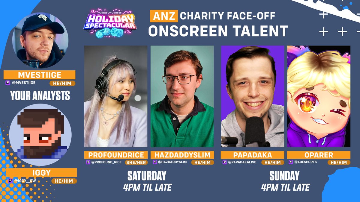 📢 On screen talent for #ANZFaceOff

Your Analysts
🧠 <a href="/MVestiige/">MVESTIIGE</a> 
🧠 <a href="/Iggy__OW/">Iggy</a> 

Your Casters
Sat 30th Nov - 4pm AEDT
🎙️ <a href="/Profound_Rice/">Profound Rice</a> 
🎙️ <a href="/HazDaddySlim/">HazDaddySlim</a> 

Sun 1st Dec - 4pm AEDT
🎙️ <a href="/PapadakaOCE/">Papadaka</a> 
🎙️ <a href="/Oparer/">Oparer</a> 

LIVE on <a href="/AOEsports/">AOEsports</a> 📡 
<a href="/GameOn_Cancer/">Game On Cancer®</a> <a href="/gotogame/">goto.game</a> #HolidaySpectacular