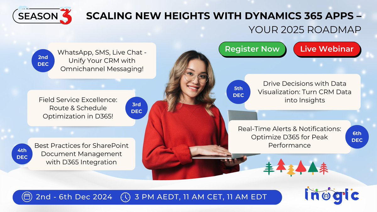 inogic's tweet image. Scale new heights with Dynamics 365 Apps in 2025!  🚀
Join Season 3 for insights to boost productivity and growth.

Register now! 
🔗bit.ly/47z4GU5

#Dynamics365 #CRMApps #BusinessGrowth #ProductivityApps #OmniChannel