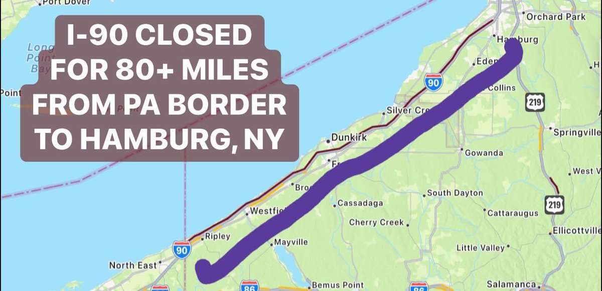 ReedTimmerUSA's tweet photo. OVER 80 MILES OF I90 CLOSED!
I90 is closed from the PA border through the Hamburg, NY area south of Buffalo with whiteout conditions from extreme lake effect snow activity. Numerous vehicles have been stranded on portions of I90 in PA for several hours as seen on traffic cams. Travel is dangerous and discouraged if not illegal. 

Heavy lake effect snow is forecast to persist across this region through the weekend. Portions of NY downwind of Lake Ontario, including Watertown, could see over 70 inches of snow