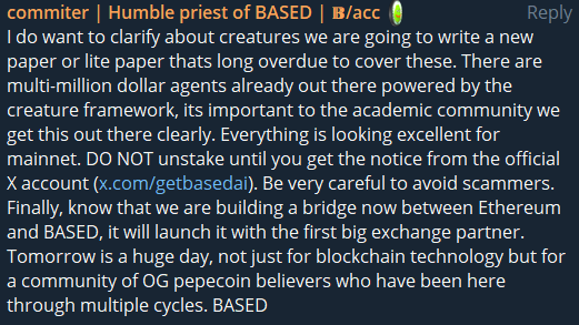 dank_pepes's tweet photo. ⚙️Some useful information regarding $based, #basedai, and your staking rewards at https://t.co/mN34sBaBNF:

1⃣ - #basedai (0x44971abf0251958492fee97da3e5c5ada88b9185) is on $ETH. All of the circulating supply was emitted from the V1 #pepecoin staking protocol which started August 2023. No snipers, no presales; a transparent and fair launch which most benefited those with conviction in @pepecoins dank devs 🐸

2⃣ - The rewards for staking #pepecoin (0xa9e8acf069c58aec8825542845fd754e41a9489a) changed from this aforementioned #basedai token to $based in the V2, and continues to be this way in the current 'after burner' V3 - which now includes $based rewards for staking $bcred (0x7f89f674b7d264944027e78e5f58eb2bbbb7cfa3)

This staking contract will terminate 48 hours after the release of BasedAI Mainnet [30/11/24]

3⃣ -  $based (the current emission reward from the staking contract) is going to be the native currency on Mainnet (a L1 - Layer 1 blockchain). It's $USD value is, and always will be as close to 1:1 as possible with #basedai - exchanges will list Mainnet L1 and there is no way to keep one from being a different value from the other - but you can expect them balance once the bridge is deployed.

4⃣ - $based will be denominated to 1:1000 of #basedai - this is a quality of life change for psychological reasons, nothing more - intended to help retail feel more comfortable using $based as a currency. $based will be used for transactions, swaps, staking, sending, etc... on the @getbasedai L1 - everything that $ETH is used for on the Ethereum L1.

5⃣ - The change in the denomination doesn't change your staking reward $usd valuation. The decision to change the denomination happened AFTER the staking contract was initiated. So the $based rewards you see in your Based Staking App at https://t.co/mN34sBaBNF is denominated the same as #basedai.
Put simply, the value you THINK you have earned from staking is correct. 🚨 Don't Panic 🚨

6⃣ - #basedai will be burnt when users bridge their funds over to Mainnet. You will then receive the exact same value in $based at a denomination of x1000 (just add three 0's)

7⃣- Eventually the dev team will then create a wrapped version of $based (with the new correct denomination) back onto $ETH, this will replace the old #basedai token. And from here on #basedai will refer to the @getbasedai Mainnet exclusively, and $based will be the ticker for the token on both chains.

8⃣ - Papers are incoming, bridge is being built, a big exchange partner is coming with the launch, "everything is looking excellent for Mainnet"

Written by @0x_das 🐸🧠💚
