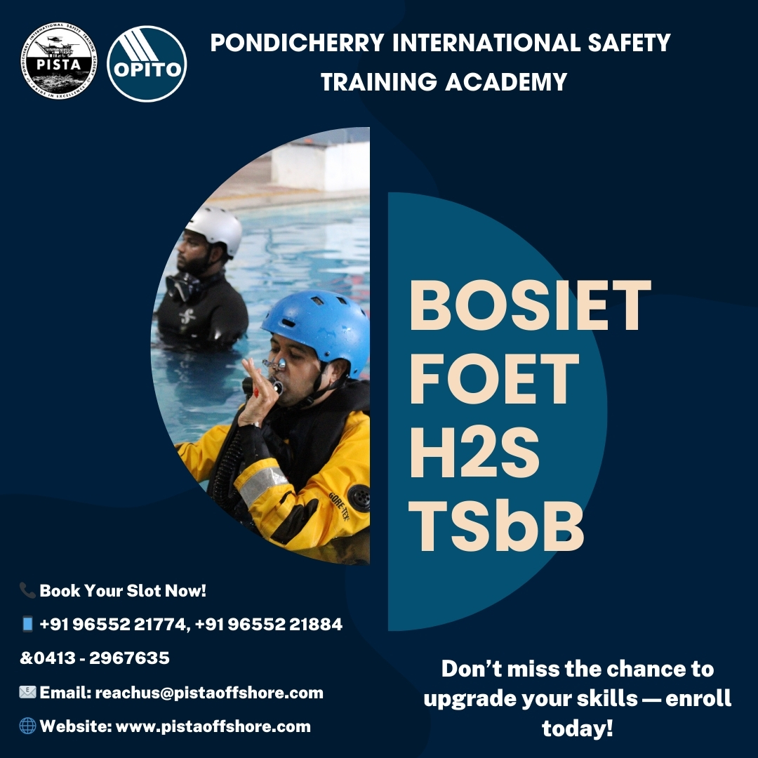 pista_official's tweet image. Bookings Open for OPITO-APPROVED
BOSIET WITH EBS
BASIC H2S TRAINING
TSbB - INITIAL TRAINING
NEXT BATCH STARTS ON: 02-11-2024
Book your slot Now!!!
CALL US: +91 96552 21774, +91 96552 21884 &amp;amp; 0413 - 2967635
reachus@pistaoffshore.com
PISTAOFFSHORE.COM
#pistaoffshore #bosiet