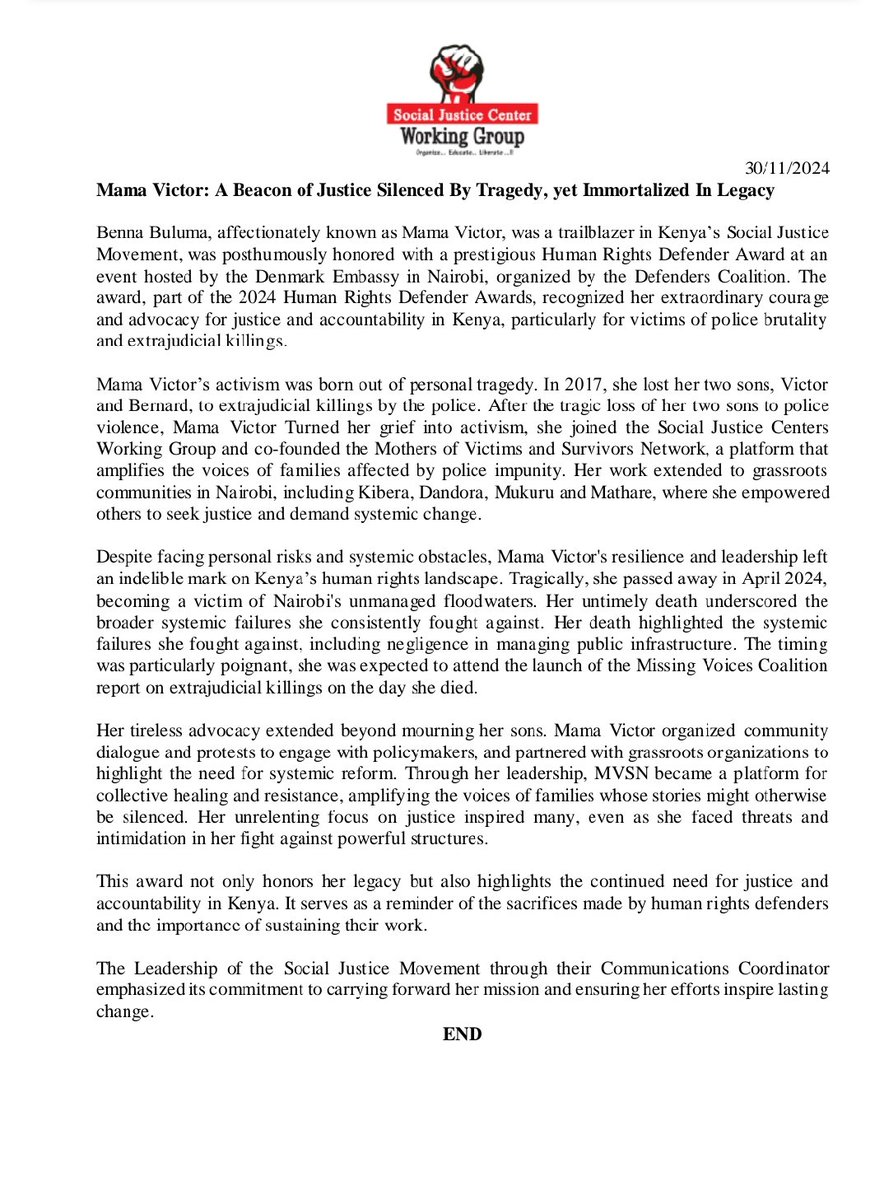 Mama Victor, a fearless voice for justice, turned personal tragedy into a movement for change. Honored posthumously with the 2024 Human Rights Defender Award, her legacy inspires us to fight for accountability and dignity for all

socialjusticecentrewg.org/mama-victor-a-…