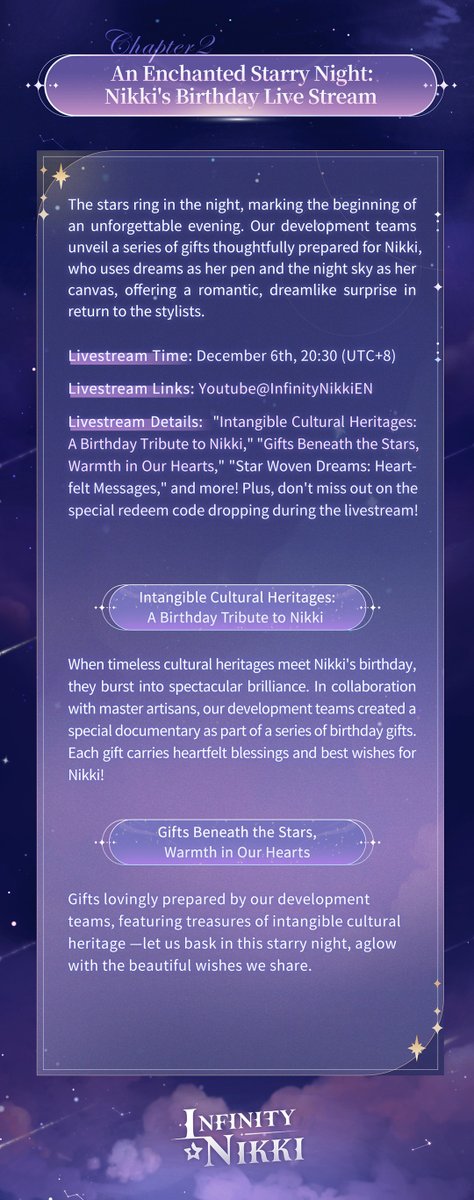 Infinity Nikki (@infinitynikkien) on Twitter photo The starry sky sparkles as dreams weave into poetry. Get ready for a fantastic journey with Nikki’s Birthday Event!
We have prepared a special "Nikki’s Birthday: Starry Adventure Guide" for you. Come and celebrate this wonderful time with Nikki!
🎁Follow <a href="/InfinityNikkiEN/">Infinity Nikki</a> and The starry sky sparkles as dreams weave into poetry. Get ready for a fantastic journey with Nikki’s Birthday Event!
We have prepared a special "Nikki’s Birthday: Starry Adventure Guide" for you. Come and celebrate this wonderful time with Nikki!
🎁Follow <a href="/InfinityNikkiEN/">Infinity Nikki</a> and