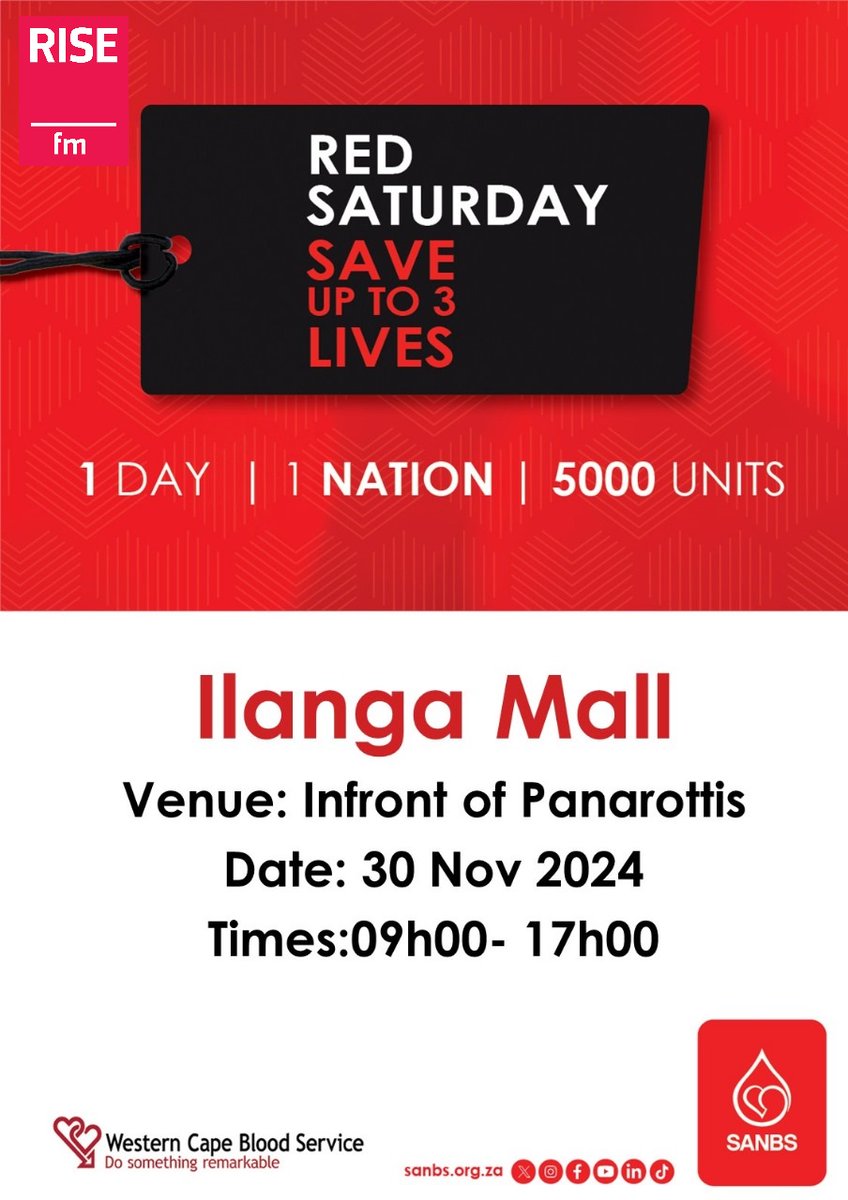 RISEfm943's tweet image. Join us and @theSANBS for RED SATURDAY at @ilangamall today.
Catch @Princess_M live as we aim for 5,000 blood units in one day! Countrywide! @ donation saves up to 3 lives.

Let’s make a difference, Mpumalanga!
#RedSaturday #DonateBlood #SaveLives #RISEfm943 #MpumalangaAzishe