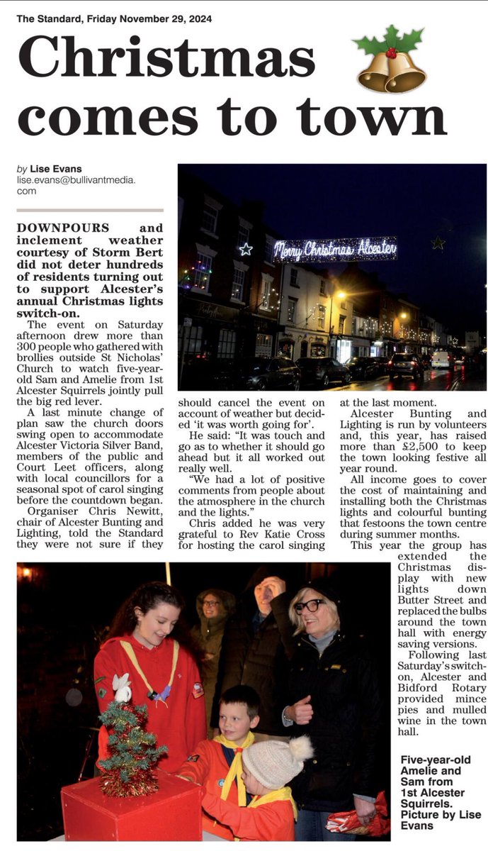 AlcesterScouts's tweet image. 1st Alcester Squirrels pictured in @HeraldNewspaper &amp;amp; @RedStand after having honour of switching on towns Christmas Lights! Despite the weather they did an excellent job!

stratford-herald.com/news/squirrels…

redditchstandard.co.uk/editions/view/…

#AlcesterScouts #Alcester #Christmas #Scouts
