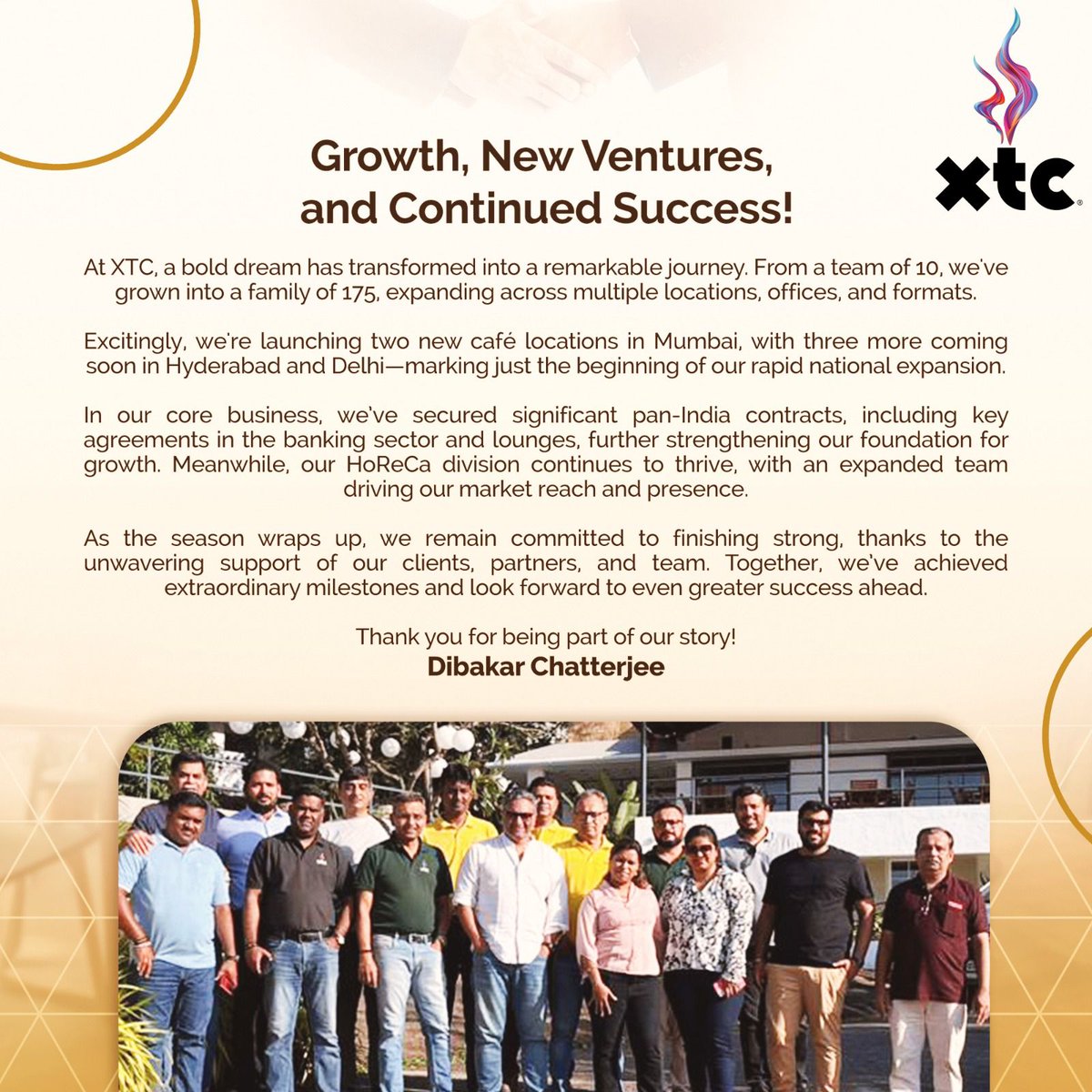 xtc_talks's tweet photo. Our CEO, Mr. Dibakar Chatterjee, reflects on XTC's incredible journey of growth and innovation.

Here's to a future of endless possibilities!

#LeadershipThought #CEOSpeaks #BusinessGrowth #Innovation #Expansion #Beveragelndustry #FoodIndustry #XTCCafe #XTC https://t.co/k4h9Moqspw
