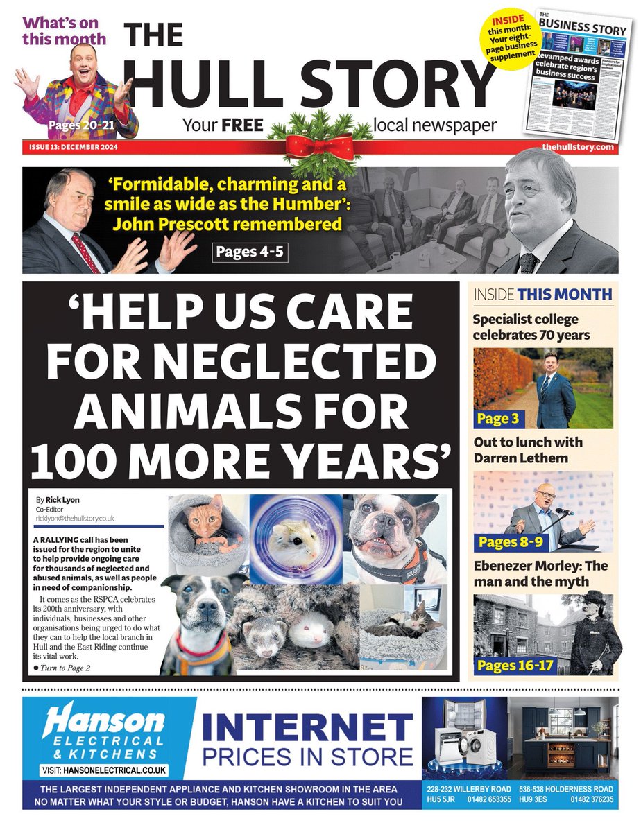 StoryHull's tweet photo. 🗞️ OUT NOW: The December edition of Hull’s FREE newspaper is being distributed today. We lead on calls to help @RSPCAHull provide ongoing care for thousands of neglected animals as @RSPCA_official celebrates its 200th anniversary. #Hull #LocalNewsMatters https://t.co/nW2XHdeloK