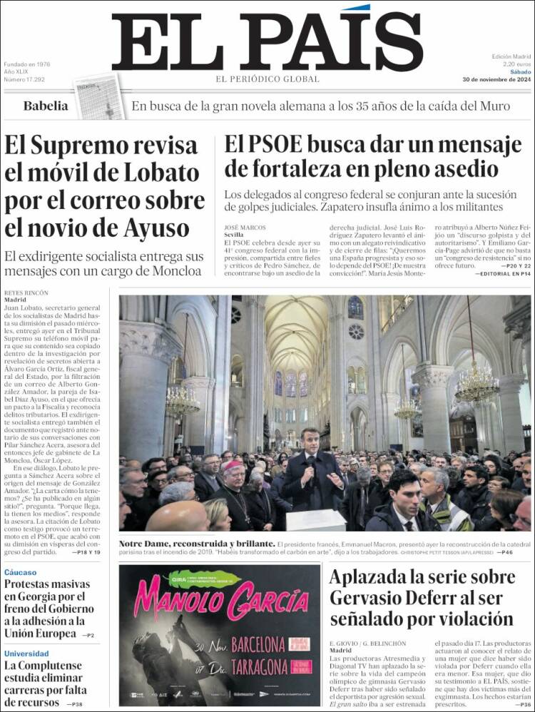 FabienCazenave's tweet photo. Revue de presse européenne du samedi 30 novembre 2024 #EUpress 
- En Allemagne et en Espagne, les premières images de la cathédrale Notre-Dame restaurée 5 ans après l'incendie font la Une. "Chapeau", salue ainsi le Frankfurter Rundschau https://t.co/pyPuMnqmZA