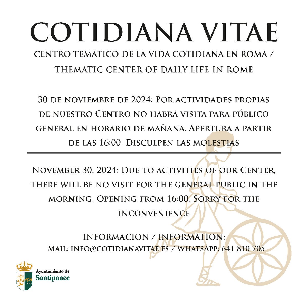 cotidianavitae's tweet photo. HORARIOS 30 DE NOVIEMBRE: Por actividades propias de nuestro Centro no habrá visita para público general en la mañana de hoy. Apertura normal a partir de las 16:00. ¡Os esperamos! https://t.co/LJZR4OnbUF