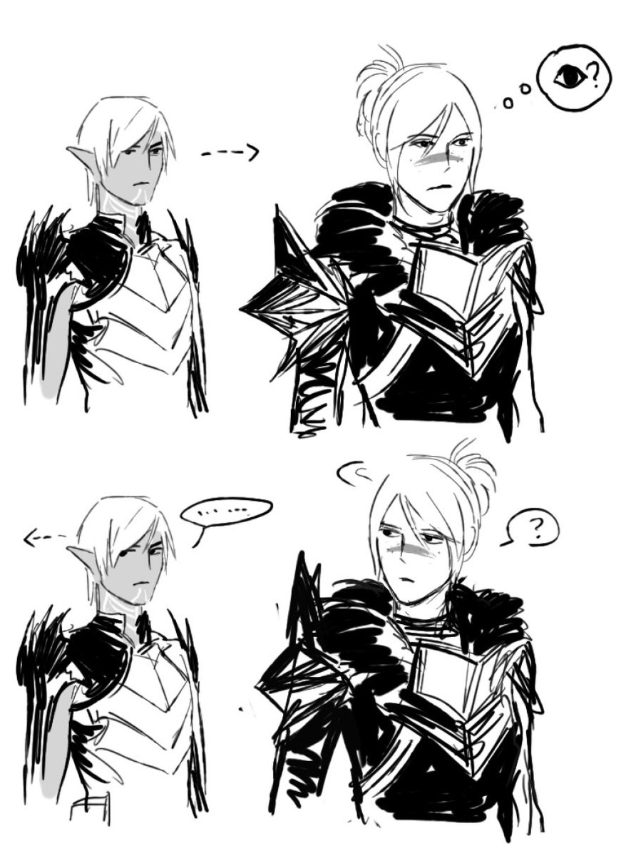 CYQ_KK's tweet photo. #dragonage2 #dragonage #Fenris #Hawke 
Merrill: you keep looking at Hawke with sad puppy eyes every time her back is turned https://t.co/ehBnwfchga