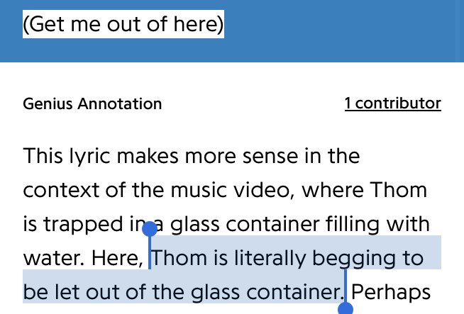issand palun pange geenius punkt com kinni. nagu jaa ofc "no surprises" on selle kohta et thom york on literal akvaariumis kinni tal jäi pea sinna kinni. lollu thom york nagu mister biin lihtsalt