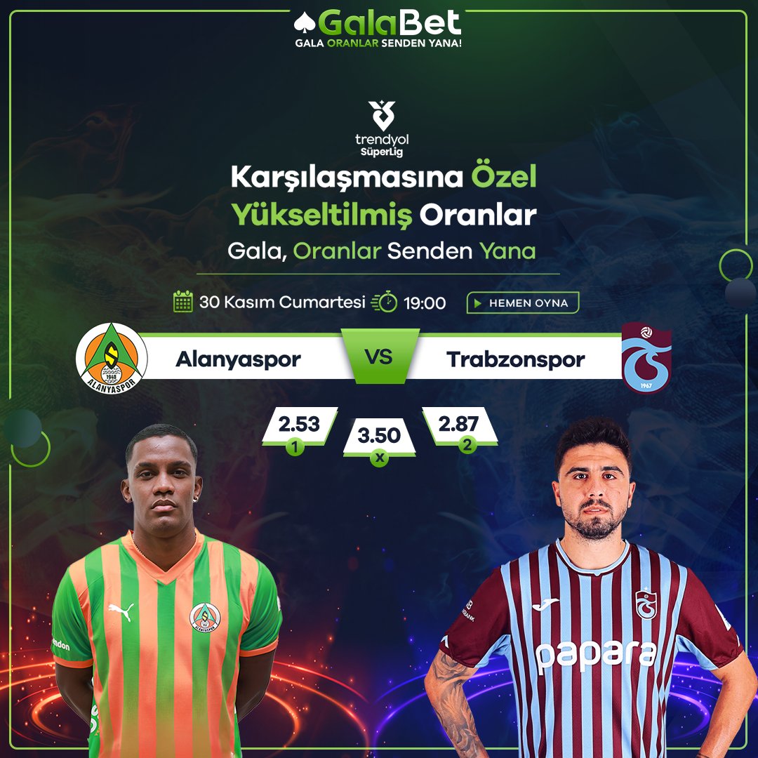 ResmiGala's tweet photo. Trendyol Süper Lig Heyecanına En Yüksek Oranlarla Ortak Olun!

Alanyaspor 🆚 Trabzonspor
⏰ Bugün, 19:00

⚽️ Yatırımlarınıza %25 Free Bet!

⚡️ Bahis Almak İçin Tıklayın! https://t.co/TyZkiuILBB

♠️ Gala, Oranlar Senden Yana!