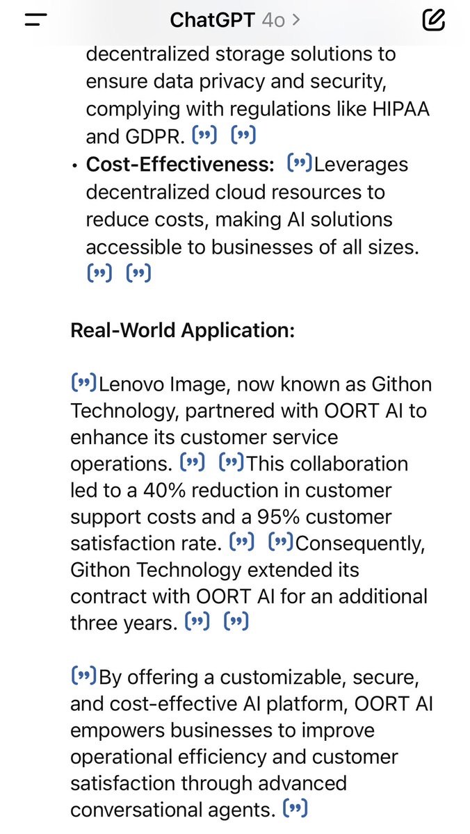AI agent seems to be a hot topic in crypto world these days.  Do you know as one of the first AI agent, OORT AI has 4000+ clients, including Lenovo Image and many reputable ones? <a href="/oortech/">OORT | The Data Cloud for Decentralized AI</a> 
Luckily, ChatGPT <a href="/OpenAI/">OpenAI</a> knows OORT AI very well. #DEAI