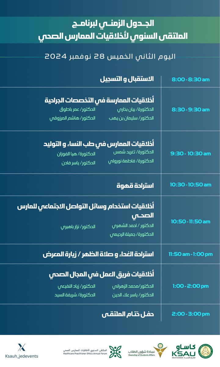 Dr_b_almuqbil's tweet photo. برعاية كريمة من معالي رئيس الجامعة أ. د. بندر بن عبدالمحسن القناوي وانطلاقا من رؤية جامعة الملك سعود بن عبدالعزيز للعلوم الصحية في تمكين الطلاب والطالبات ودعمهم للإسهام في كل ما من شأنه دعم صحة الوطن والارتقاء بشخصية خريجيها.. نظمت #كاساو @KSAU_HS  ممثلة بعمادة شؤون الطلاب ووحدة الوعي الفكري @KSAU_DSA "ملتقى أخلاقيات الممارس الصحي" في نسخته الأولى لتعزيز القيم الأخلاقية والمهنية للممارس الصحي.

وأهم المحاور التي سلط الملتقى الضوء عليها:
- التعريف بمفاهيم أخلاقيات المهنة ومستجداتها وتعزيز ممارساتها الصحية والتوعية بتطبيقات أخلاقيات المهنة في القانون السعودي والتوعية بالأخطاء الطبية من منظور أخلاقي وقانوني وكيفية التعامل معها.
- التعريف بأهمية بناء النموذج الأمثل للتعامل الأخلاقي في  توظيف الممارس الصحي لمنصات التواصل الاجتماعي وكيفية الاستفادة منها لدعم مجال الإعلام الصحي ورفع مستوى المهنية والاحترافية في هذا الميدان.
- تعزيز الوعي بالقيم الأخلاقية عند توظيف أدوات الذكاء الاصطناعي في الأبحاث العلمية ذات العلاقة بالرعاية الصحية.
- التعريف بأهم الممارسات الأخلاقية وتطبيقاتها بين أفراد الفريق الطبي داخل المنظومة الصحية . 

ولله الحمد حقق الملتقى أهدافه من خلال: 
+12جلسة حوارية 
+٣٠ متحدث 
معرض تفاعلي مصاحب 
+ ١٠٠٠ مستفيد على مدار يومين 

حيث يُعد الملتقى نقطة التقاء هامة لجميع الممارسين الصحيين من أطباء، وممرضين، وفنيين وطلبة لمناقشة القضايا الأخلاقية الحديثة، ومشاركة التجارب، والاطلاع على أحدث المعايير العالمية التي تساهم في الارتقاء بمستوى الممارسات الصحية في المملكة.

وبهذه المناسبة أتقدم بالشكر والتقدير لمعالي رئيس الجامعة على رعايته الكريمة لهذا الملتقى الهام ودعمه اللامحدود لكل ما يخص الطلاب والطالبات.

وشكر خاص للجنة العلمية بقيادة الدكتورة أريج العوفي على إشرافها العلمي على موضوعات ومحاور الملتقى والشكر موصول للزملاء عمداء الكليات وأعضاء هيئة التدريس في المدينة الجامعية بجدة وكافة المتحدثين والضيوف الذي أثروا الملتقى بمشاركاتهم.

ختاماً، 
ممتن لزملائي فريق عمل عمادة شؤون الطلاب لجهودهم الجبارة التي أسهمت في نجاح هذا الملتقى والشكر موصول للطلاب والطالبات قادة البرنامج وأعضائه المميزين على إبداعهم وجهودهم الكبيرة في إخراج الملتقى بالصورة التي تليق بأهميته وموضوعه. 

وعلى منصات الإنجاز نلقاكم..